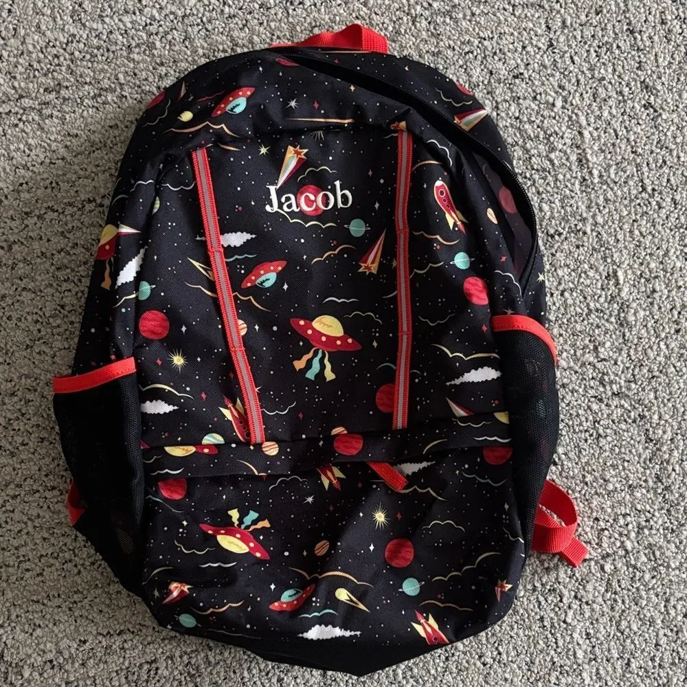 New! Lands' End Black Backpack Multicolor Space Design “Jacob” Monogram